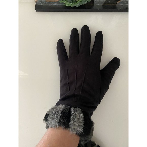Vintage XS  Women's Faux Fur‎ Trim Gloves Winter Warm Black Gray Animal Print 2 - Picture 4 of 16
